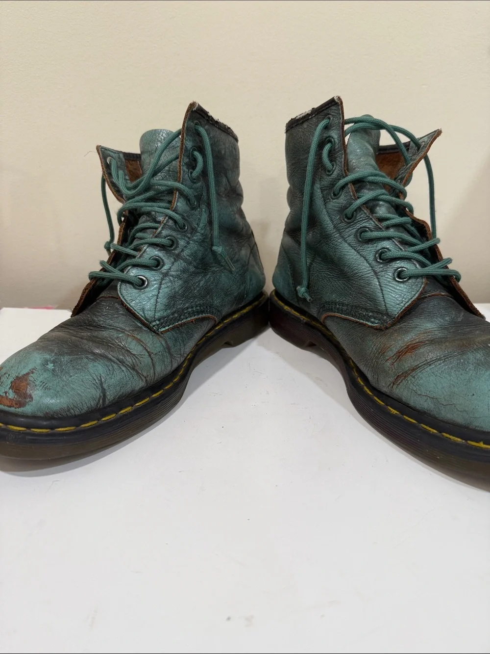 Dr. Martens Teal Green Leather Chukka Boots with Yellow Stitching